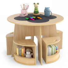 Conjunto de mesa redonda y sillas infantiles con espacio de almacenamiento.