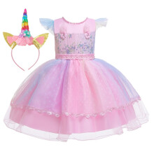 (Pink, 100cm) New Girls Princess Dress Unicorn Beaded Children's Dress Dress