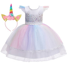 (White, 100cm) New Girls Princess Dress Unicorn Beaded Children's Dress Dress