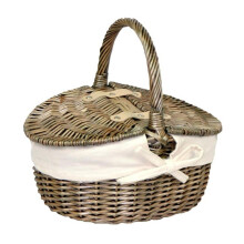 (White) Small Antique Wash Double Lidded Oval Shopping Basket