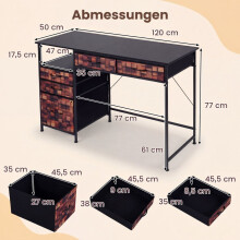 Bureau met 5 stoffen lades en een plank - Bruin, 120x50 cm