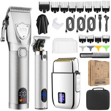 (Silver) 3-teiliges elektrisches Haarschneidemaschinen-Set mit LCD-Bildschirm für Männer, zum Schneiden und Rasieren des Kopfes.