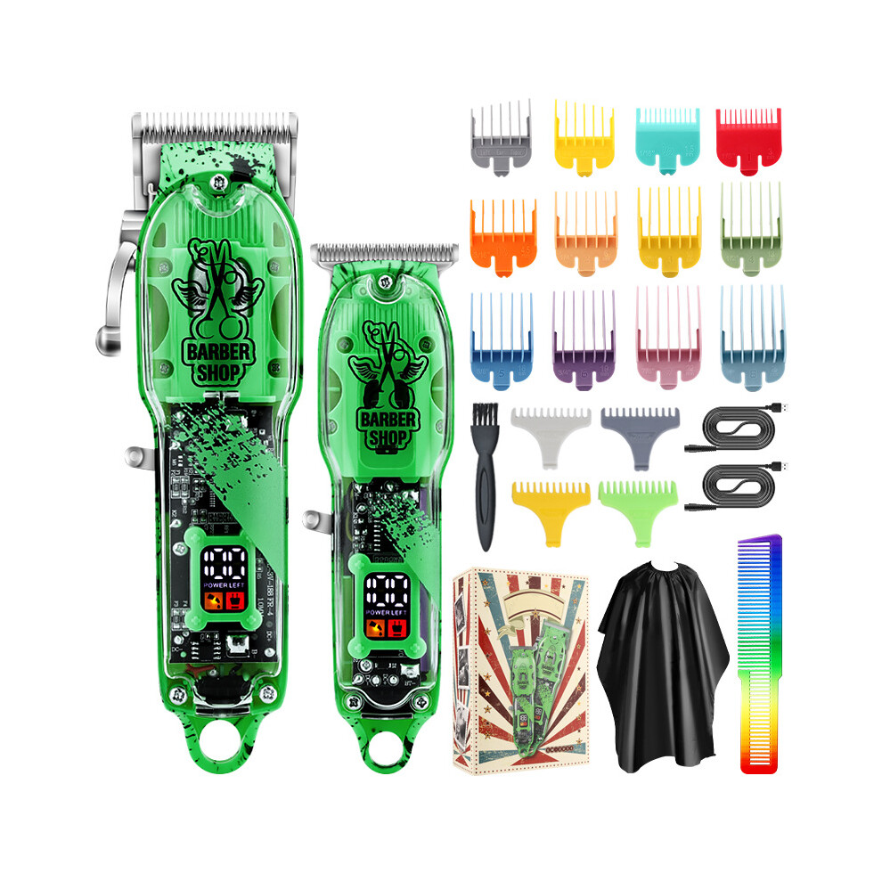 Green (Lm-2032 Scissors ) Mother Son Hair Clipper Set, Lcd Digital Display, Men's Oil Head Carving Clipper & Shaver