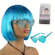 (Sky Blue) Funny Quirky Headwear: Colored Wig Frameless Glasses Hair Net - Halloween Event Props