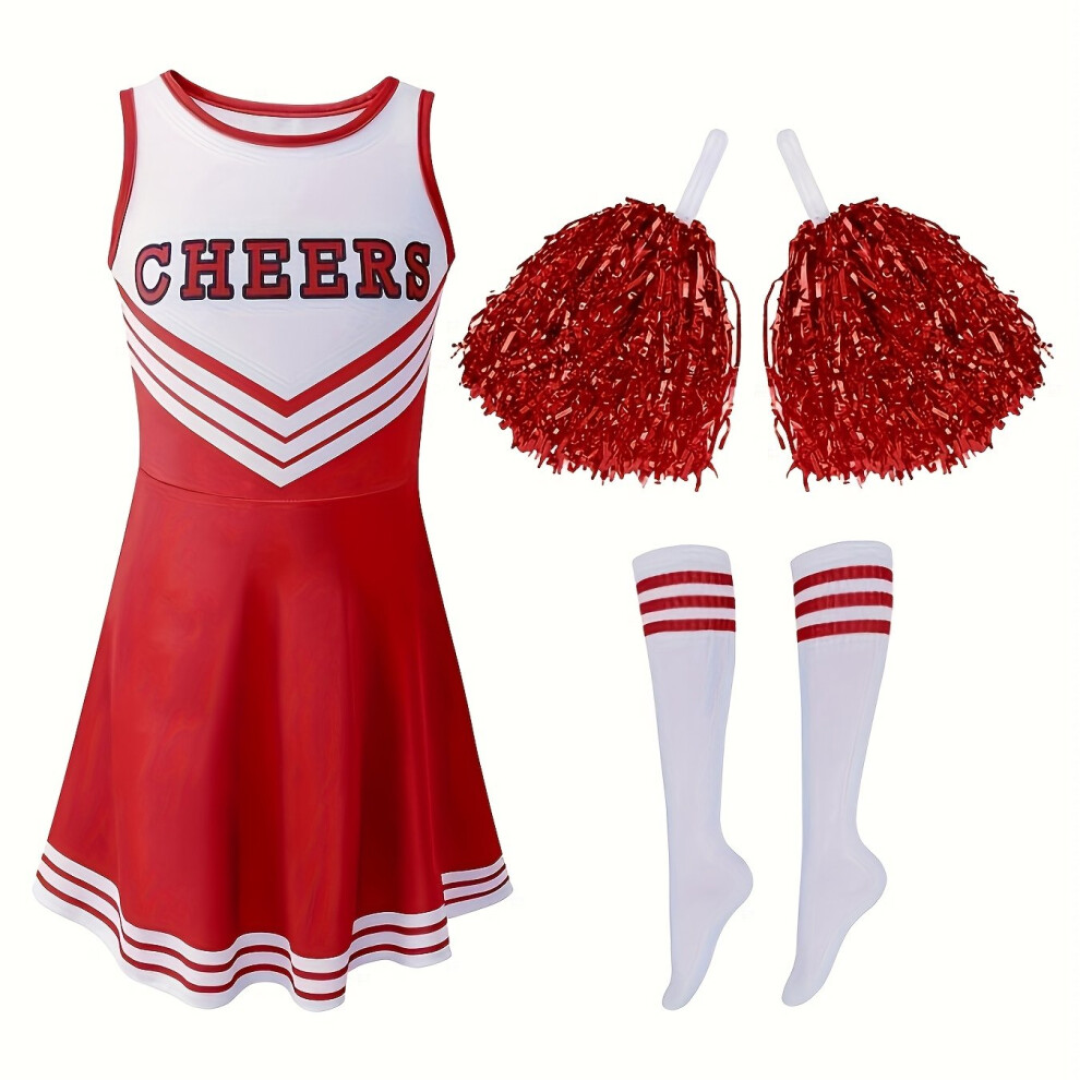 Photos - Fancy Dress  4 Pcs Girls Cheerleader Dress with Pom Poms& Socks- High School Cheerleading Outfit(Red, 7-8Y)