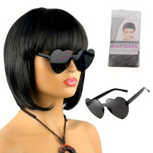 (Black) Funny Quirky Headwear: Colored Wig   Frameless Glasses   Hair Net - Halloween Event Props