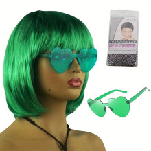 (Dark Green) Funny Quirky Headwear: Colored Wig Frameless Glasses Hair Net - Halloween Event Props
