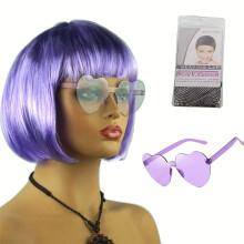 (Violet) Funny Quirky Headwear: Colored Wig   Frameless Glasses   Hair Net - Halloween Event Props