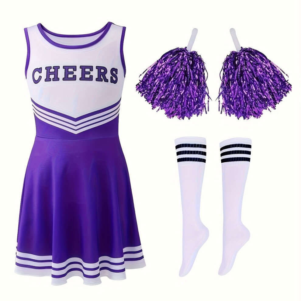 Photos - Fancy Dress  4 Pcs Girls Cheerleader Dress with Pom Poms& Socks- High School Cheerleading Outfit(Purple, 11-12Y)