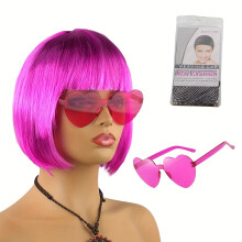 (Rose Red) Funny Quirky Headwear: Colored Wig Frameless Glasses Hair Net - Halloween Event Props
