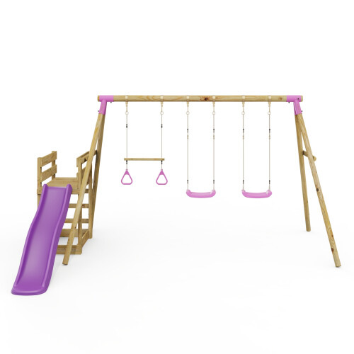 Rebo (Comet, Pink) Rebo Wooden Swing Set plus Deck & Slide 1