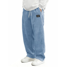 Mens Casual Corduroy Pants Elastic Waist Drawstring-Blue M