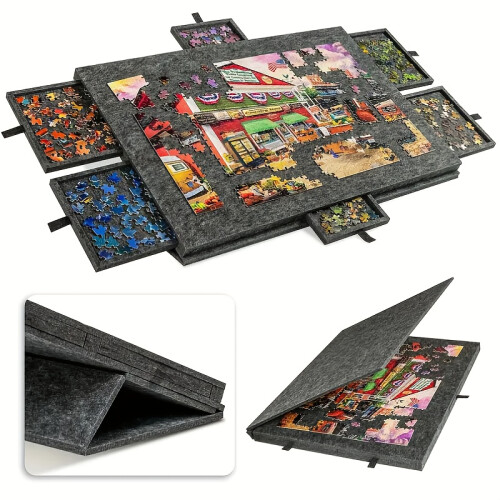 (Black) Mesa quebra-cabeça portátil com capa de suporte, design 6 em 1 e placa de feltro integrada
