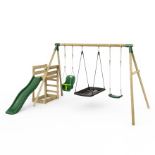 (Halley, Green) Rebo Wooden Swing Set plus Deck & Slide