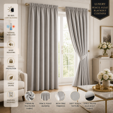 (Silver) 100% Blackout Door Curtain Plain Pencil Pleat Curtain with Tieback