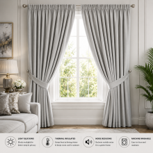 (66" x 54" (168cm x 137cm), Light Grey Silver Pencil Pleat) 100% Blackout Curtains Plain Pencil Pleat & Ringtop Curtain Pair with Tiebacks