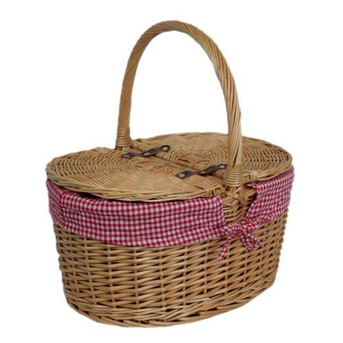 (Red) Gingham Lining Oval Butterfly Lidded Picnic Basket