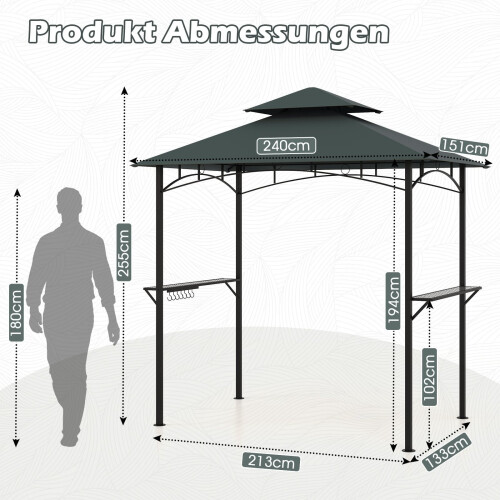 Grillpavillon mit Doppeldach und Ablagen, 240 x 151 cm, Grau 1