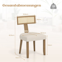 Eetkamerstoel met rotan rugleuning, gewatteerde zitting en houten poten.