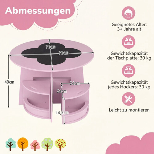 Rundes Kindertisch- und Stuhlset mit Stauraum, Rosa 1