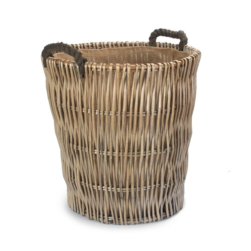 Tall Grey Round Hessian Lined Wicker Log Basket