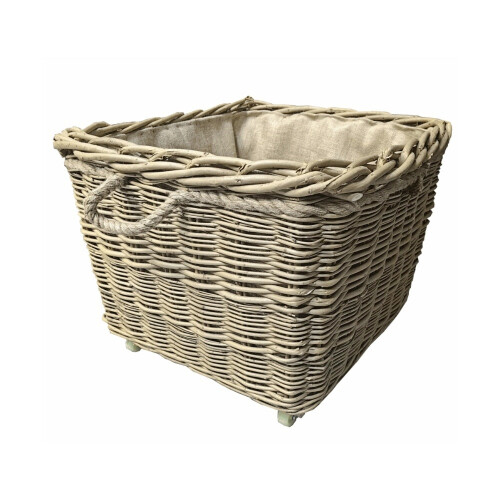 Square Hessian Lined Wheeled Log Basket