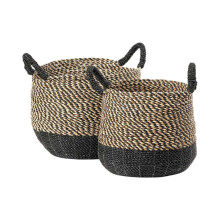 Set of 2 Seagrass Natural and Black Round Handled Baskets