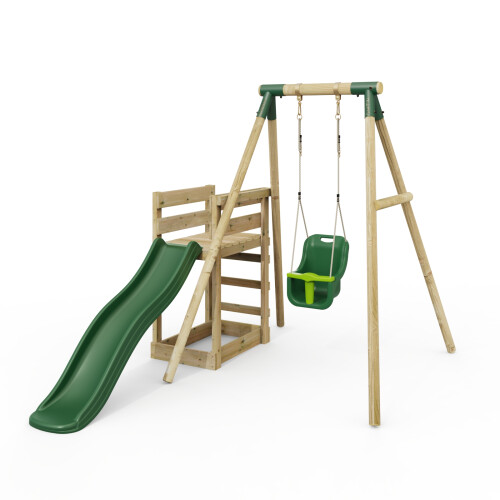 Rebo (Pluto, Green) Rebo Wooden Swing Set plus Deck & Slide