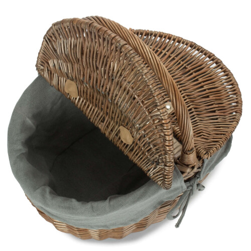 (White Lining) Wicker Antique Grey Finish Oval Picnic Basket