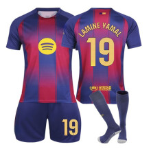 (28(150-160CM)) 25/26 Red And Blue Home Soccer Activewear Printing #19 Lamine Yamal Football Fans Training Short Sleeve Mens/Kids
