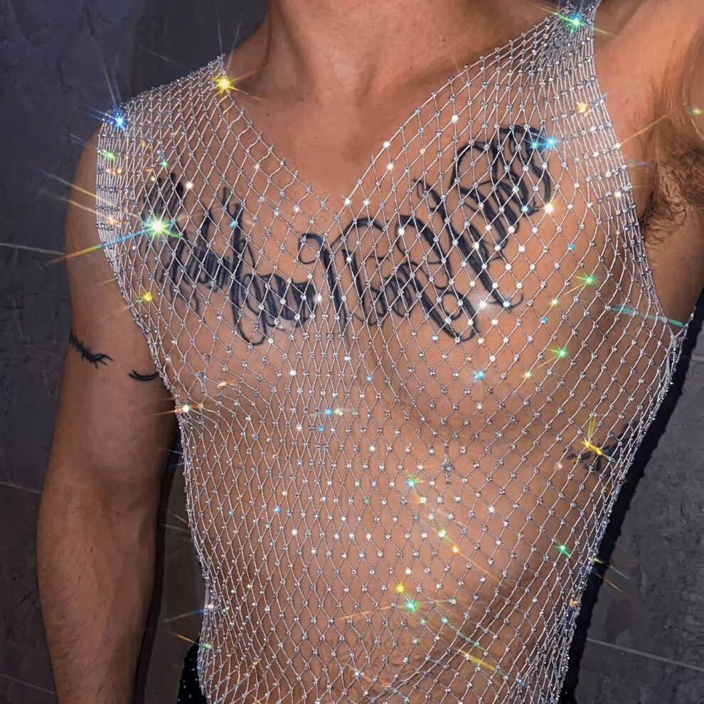 Photos - Fancy Dress  Men's Shiny Fishnet V-Neck Vest, Made of Stretchy Fishnet Material with Sparkling Rhinestone Inlays, Perfect for(White, 42)