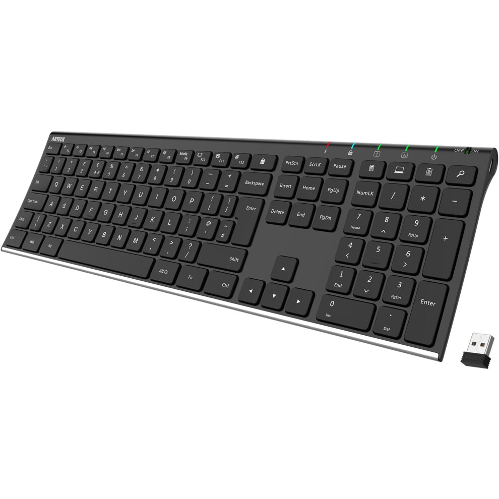 Arteck 2.4G Wireless Keyboard Stainless Steel Ultra Slim Full Size Keyboard With Numeric Keypad 4612531389545