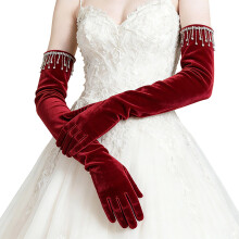 Stylish Velvet Long Gloves with Rhinestones Accents-Claret.