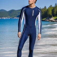 (Navy Blue, M) Roupa de banho esportiva masculina com zíper frontal terno molhado rápido manga comprida calças compridas roupa de praia