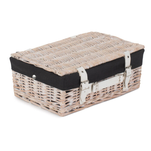 (Black) 36cm White Wash Willow Wicker Picnic Basket