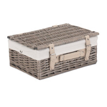 (Grey) 36cm Antique Wash Wicker Picnic Basket with Cotton Lining
