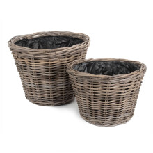 (Set of 2) Tapered Rattan Round Planter with Plastic Lining