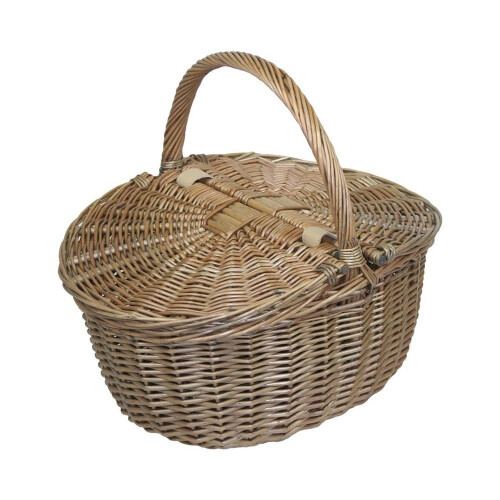 (White Lining) Wicker Antique Grey Finish Oval Picnic Basket 1