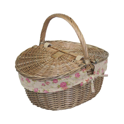 (White Lining) Wicker Antique Grey Finish Oval Picnic Basket 2