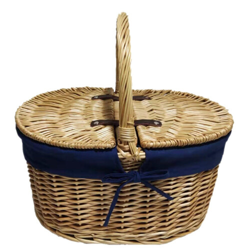 Oval Lidded Picnic Basket With Navy Blue Lining 2