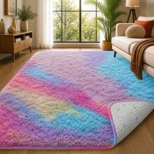 (Rainbow) 200x290cm Extra Large Shaggy Rug - Thick Pile Faux Fur Non Slip Carpet with Dotted Rubber Backing