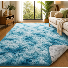 (Tie Dye Teal) 200x290cm Extra Large Shaggy Rug - Thick Pile Faux Fur Non Slip Carpet with Dotted Rubber Backing