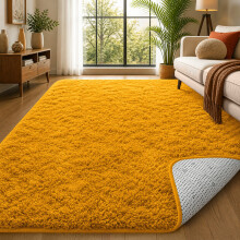 (Ochre/Yellow) 200x290cm Extra Large Shaggy Rug - Thick Pile Faux Fur Non Slip Carpet with Dotted Rubber Backing