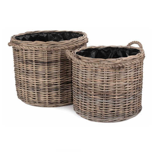 (Large) Rope Handled Rattan Round Planter with Plastic Lining 1