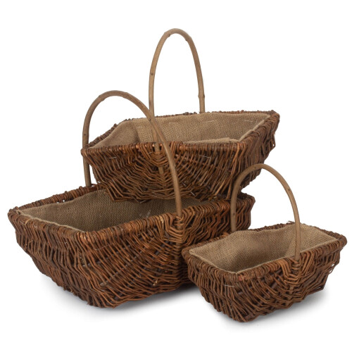 (Set of 3) Rectangular Unpeeled Willow Garden Trug With Hessian Lining 1