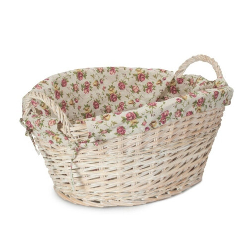 (White) White Wash Finish Wicker Laundry Basket