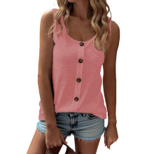 Women's Color Button-Up Round Neck Sleeveless Loose Vest-Pink S