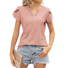 Women's short-sleeved V-neck hollowed-out loose casual-Pink S