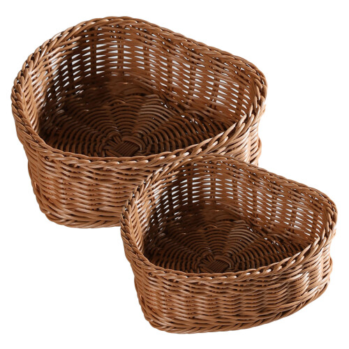 2Pcs Plastic Rattan Heart Storage Basket Brown for Kitchen Bathroom