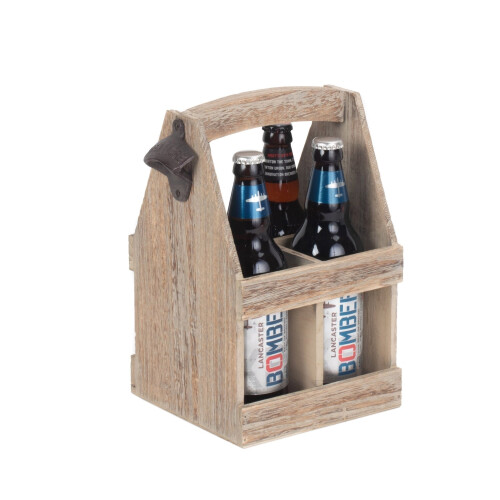 Oak Effect 4 Beer Bottle Carrier with Bottle Opener 1